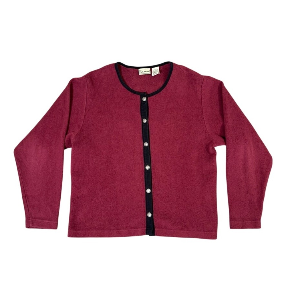 LL Bean Womens Burgundy Fleece Cardigan Button Front Black Trim Size M 0HJ90